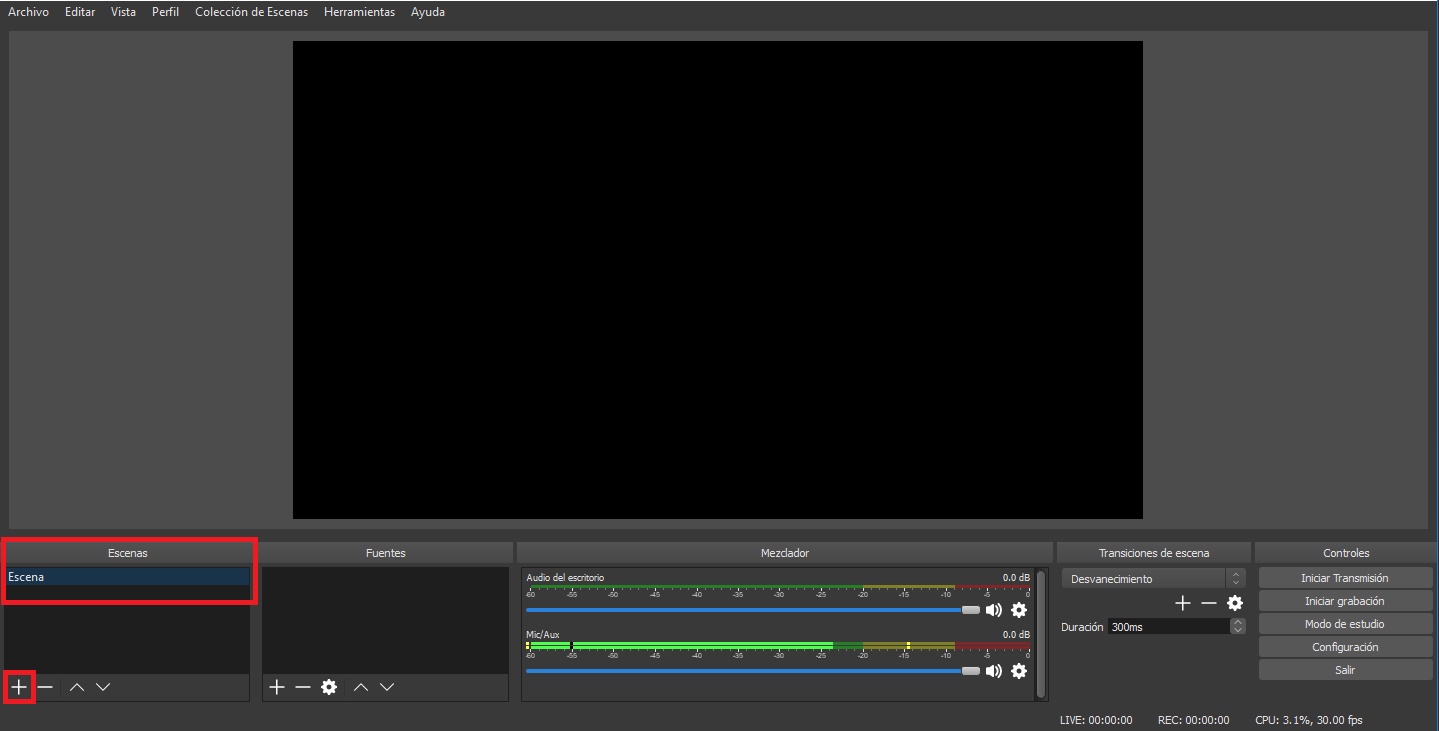 Cómo grabar la pantalla del PC - pantalla del programa OBS indicando escenas y el símbolo + (más)