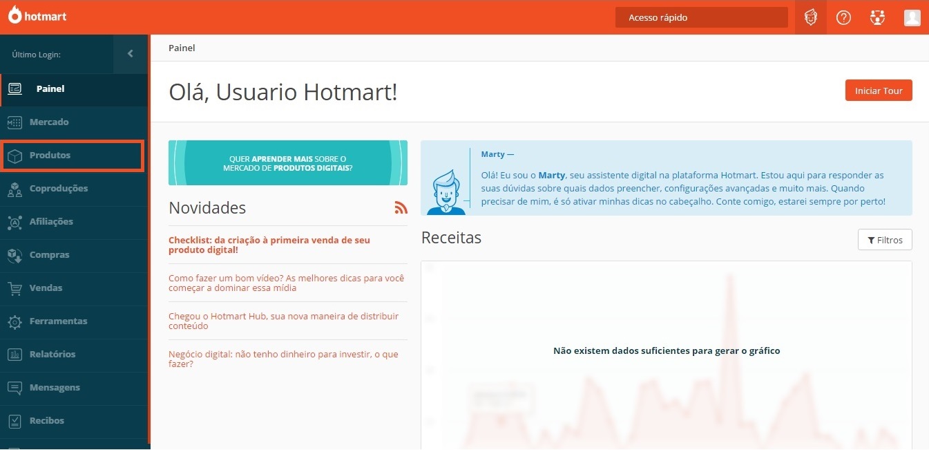 Na imagem, tela inicial da plataforma para Produtor Hotmart