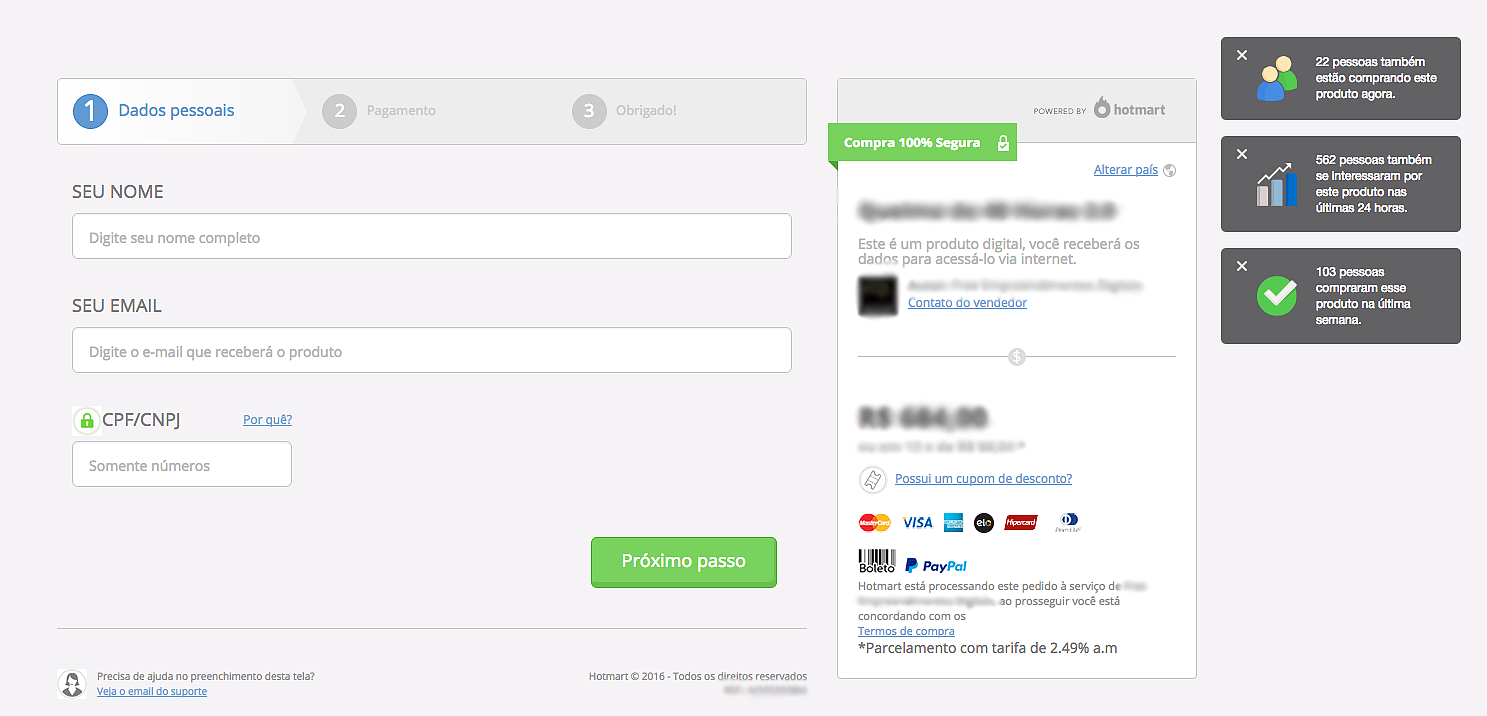 Na imagem, print da tela com notificações no checkout Hotmart