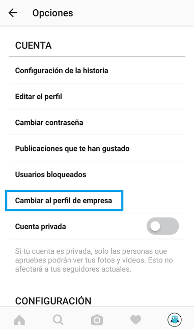 Vender en Instagram - Imagen del menu de configuracíón del Instagram para cambiar perfil