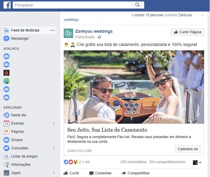 Native Ads no Facebook com um anúncio da página Zankyou Weddings