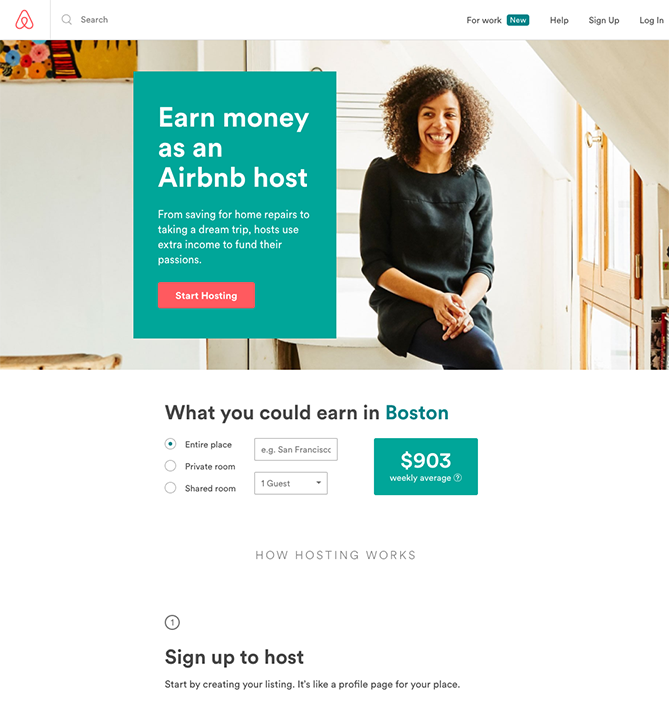 Print sreen of the Airbnb landing page to convert visitors into hosts