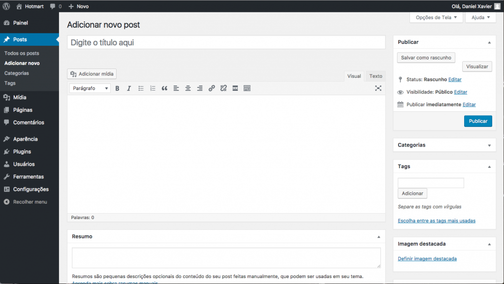 interface do wordpress - como criar um blog