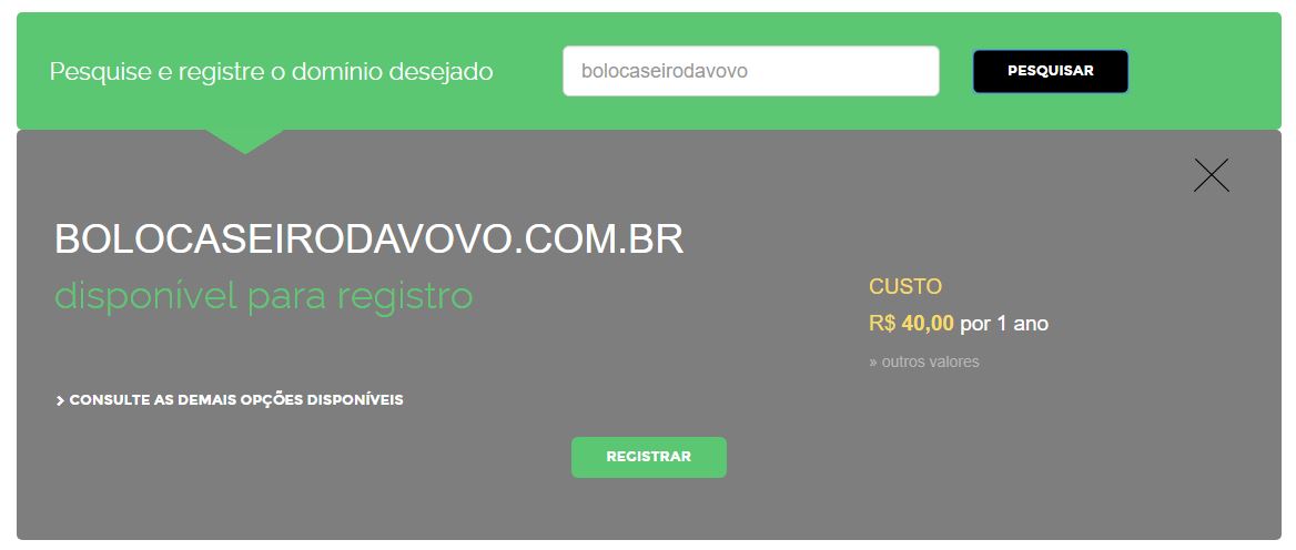 Como criar um site - imagem do site registro.br mostrando se o domínio escolhido está disponível para registro