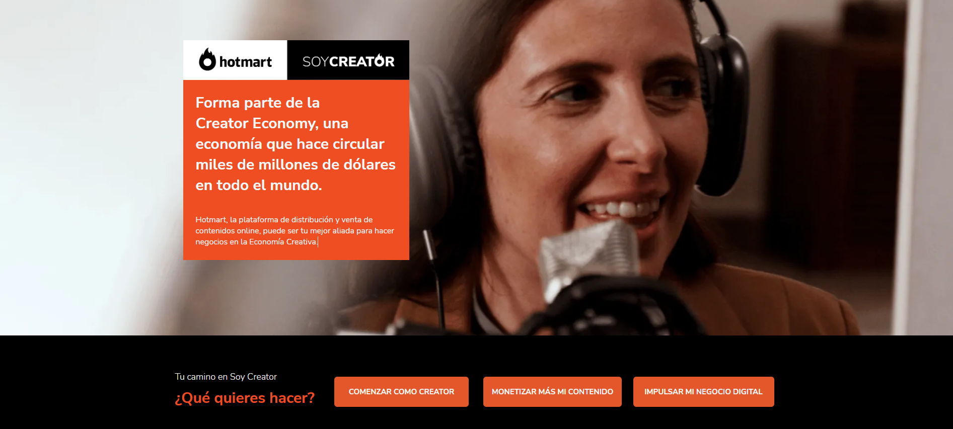 Imagen de la captura de pantalla de una Landing Page de la campaña Soy Creator de Hotmart, dedicado a quienes son productores de contenido.