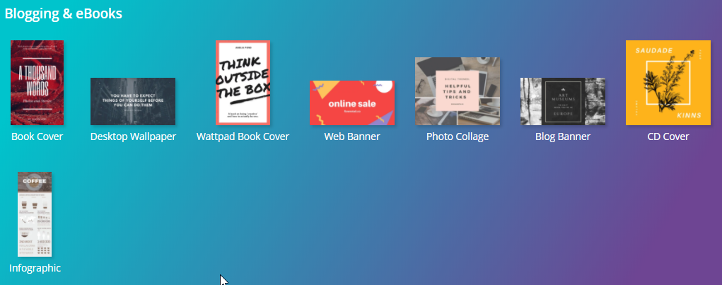 How to create infographics - Screenshot of canva's blogging & ebooks section 