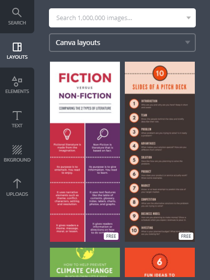 How to create infographics - Screenshot of Canva's menu - highlighting layouts