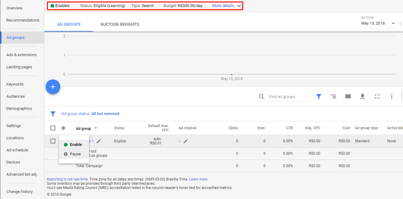 Advertise on Google - Image of campaign admin indicating how to enable or pause campaign