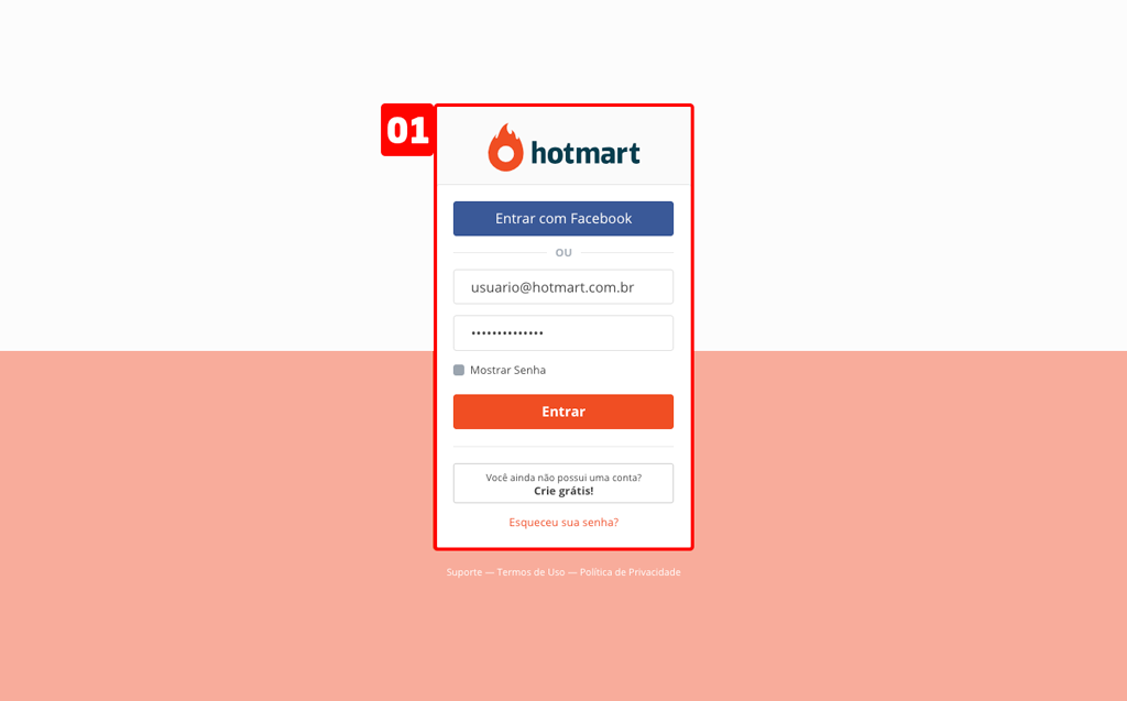 Página Grátis - Tela de login da Hotmart