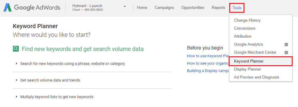 Google Keyword Planner - image of the options of features on google adwords page