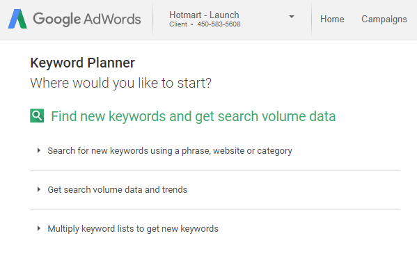 Google Keyword Planner - image of google's keyword planner starter page