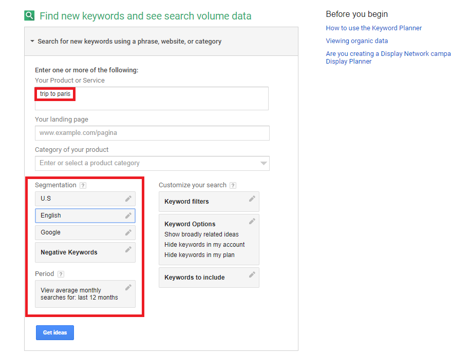 What is SEO - Image of Google Keyword planner search
