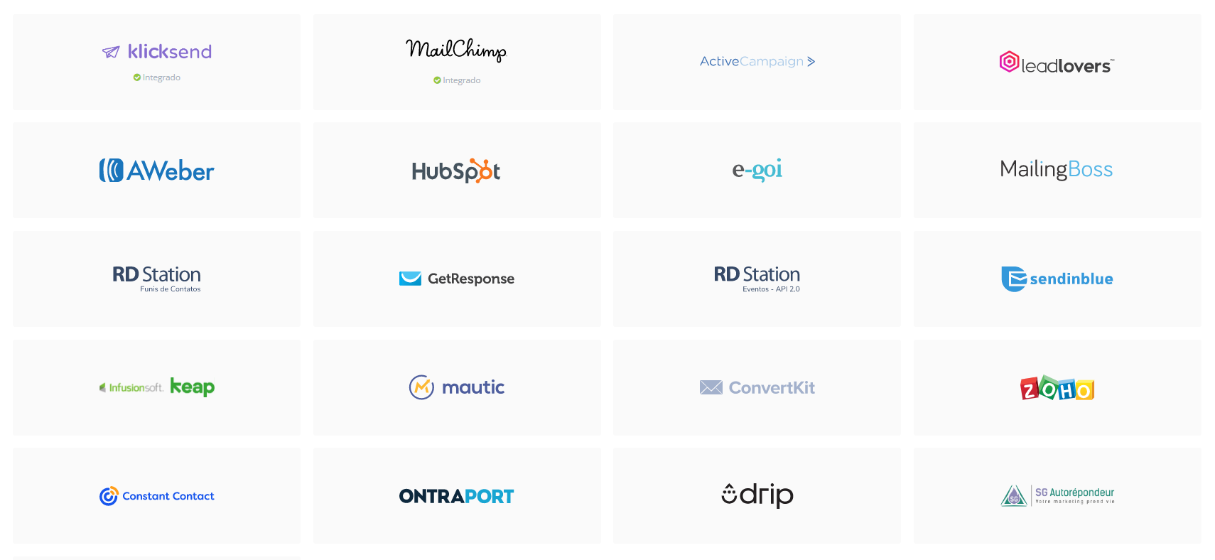 Lista de proveedores integrados con la ListBoss de Hotmart.