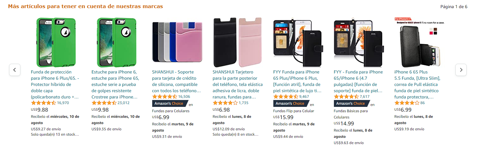 Imagen de la captura de pantalla de productos recomendados por Amazon como venta cruzada al iPhone de la imagen anterior.