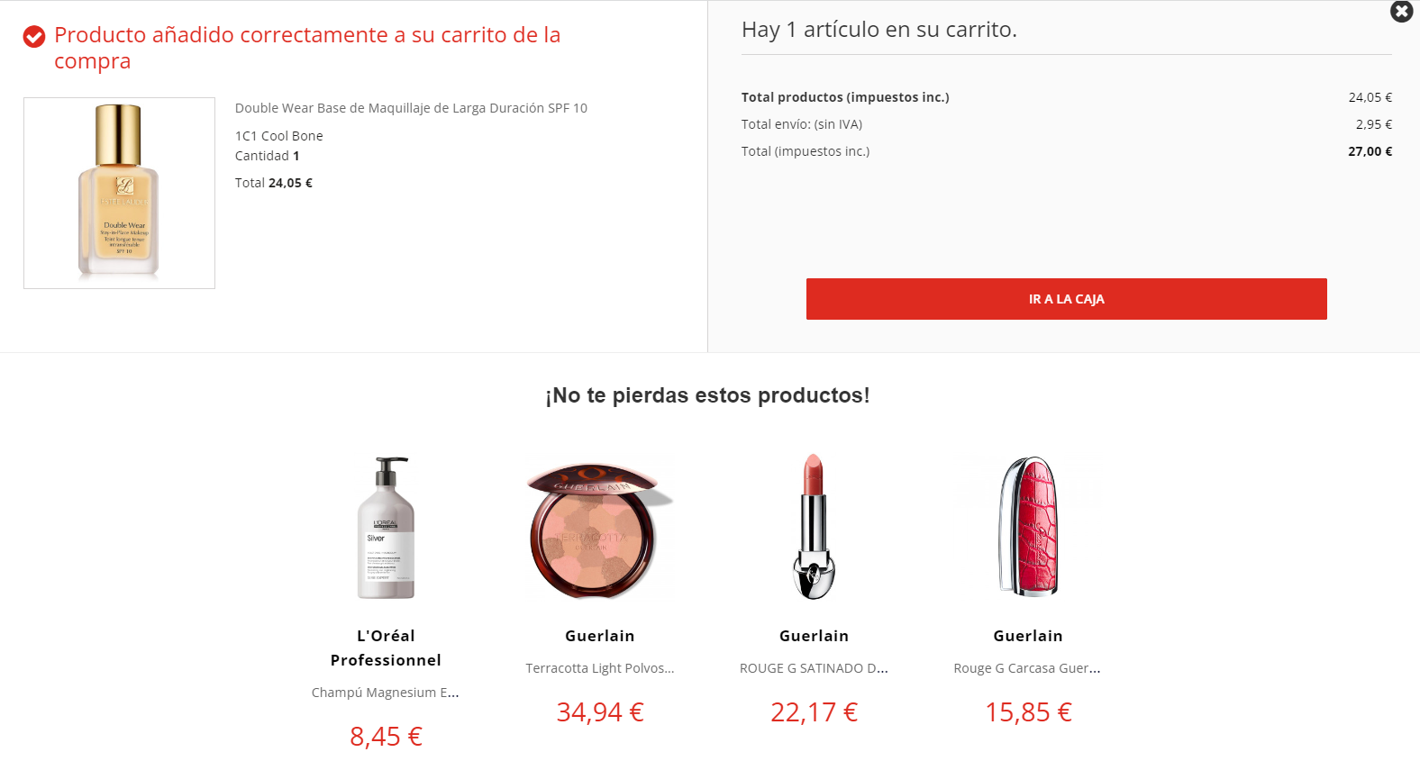 Imagen de la captura de pantalla de productos recomendados para cross selling después de agregar el producto deseado al carrito de compras.