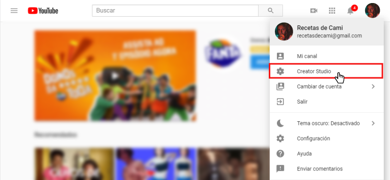 Youtube Analytics - Imagen de Youtube que muestra donde hacer clic para creator studio