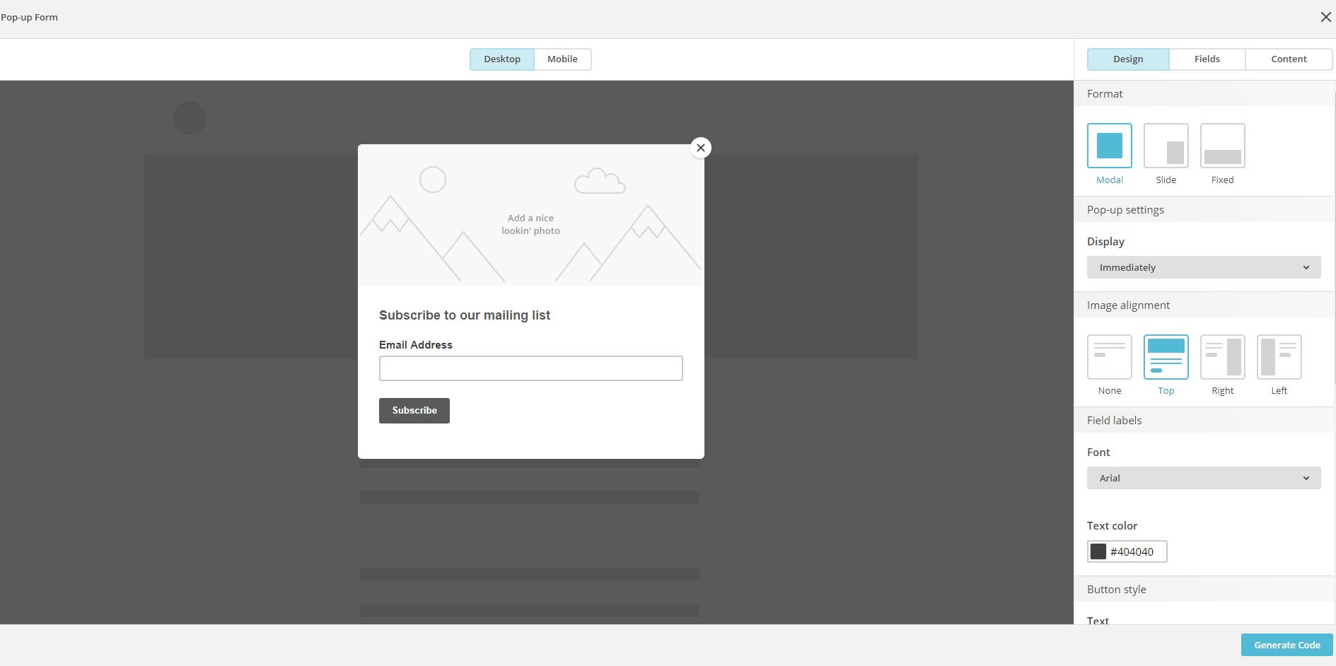 MailChimp - personalizar pop up