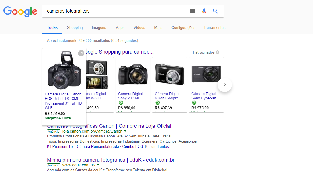 Exemplo de como são exibidos anúncios do Google Shopping