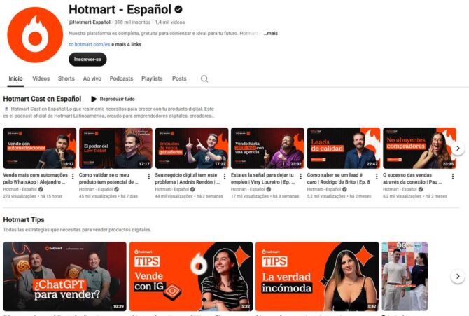 Captura del canal de Hotmart en YouTube con miniaturas de videos que muestran cómo hacer un thumbnail atractivo, usando textos destacados, personas y colores llamativos para captar la atención.