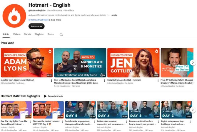 Screenshot of the Hotmart English YouTube channel showing examples of what is a thumbnail, with colorful video covers featuring creators, speakers, titles, and branding.
