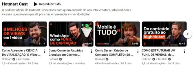 Captura do canal da Hotmart no YouTube apresenta exemplos de thumbnails atrativas, com textos em destaque, rostos de criadores e elementos visuais sobre negócios digitais.