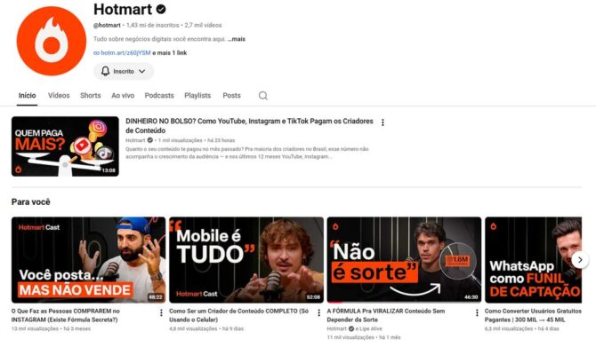 Miniaturas de vídeos da Hotmart mostram como fazer boas thumbnails, combinando rostos, frases curtas em destaque e contraste visual para comunicar rapidamente o tema do conteúdo.