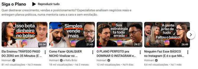 Seção do Hotmart Cast apresenta thumbnails que atraem cliques, com convidados em destaque, textos grandes e chamadas sobre viralização, vendas, criação de conteúdo e marketing digital.