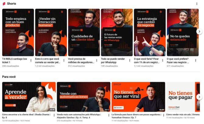 Captura de YouTube con ejemplos de qué es un thumbnail, mostrando miniaturas de Hotmart Cast con creadores, títulos destacados y diseños visuales para atraer a la audiencia.