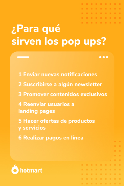 Imagen de la lista de los diferentes objetivos para el uso de pop ups, complementando la información sobre qué es un pop up.