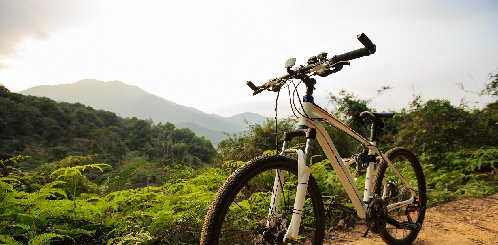 Fotos para Instagram montando bicicleta de montaña en el sendero del bosque de montaña