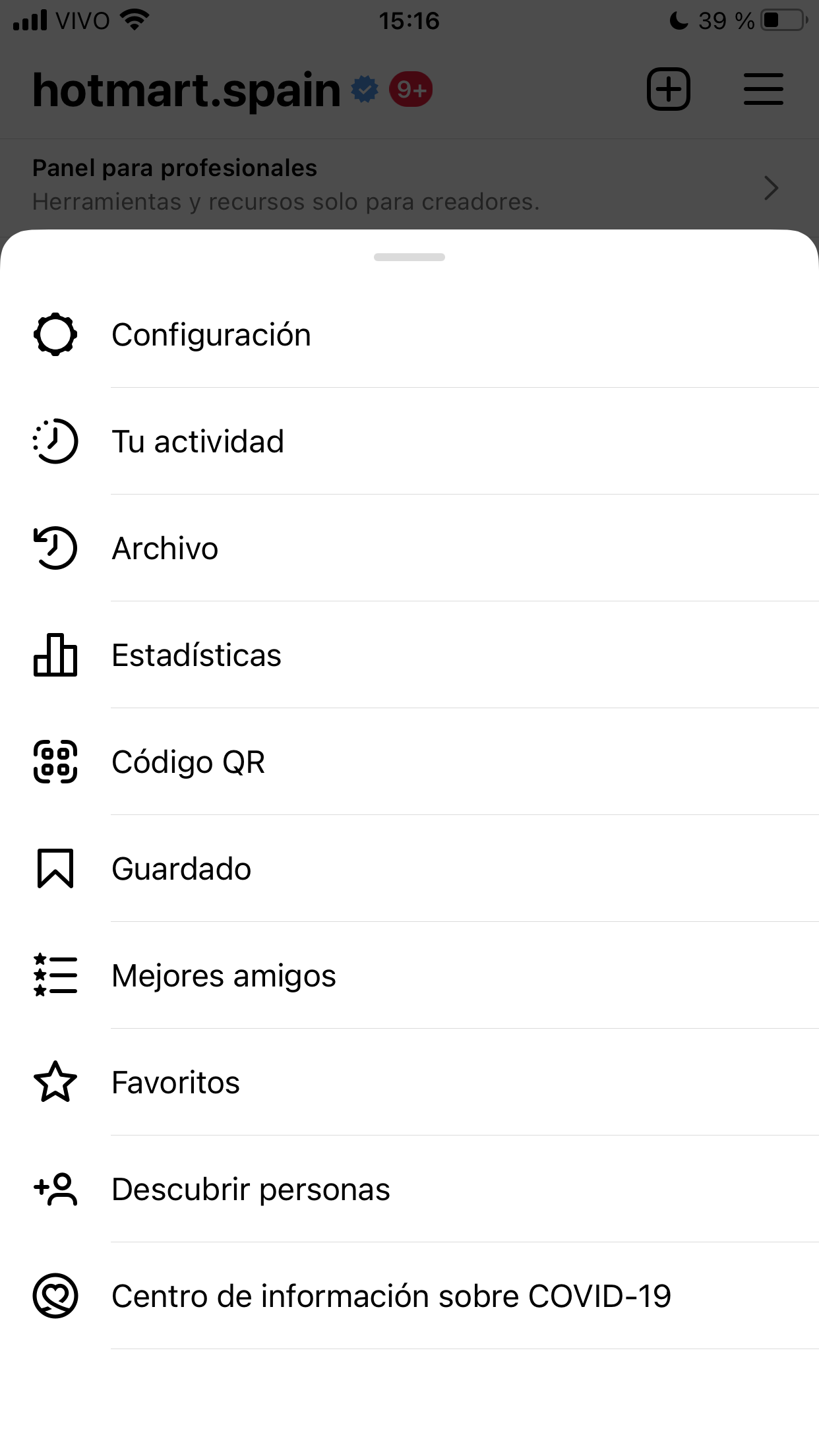 Captura de pantalla de la configuración de la aplicación para ver las métricas de Instagram.