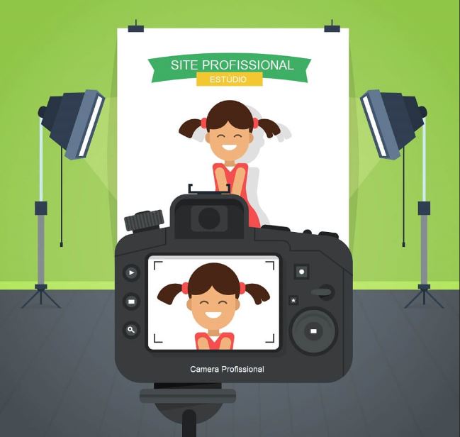 elementos de um site - imagem de uma câmera tirando foto de uma menina em um estúdio 