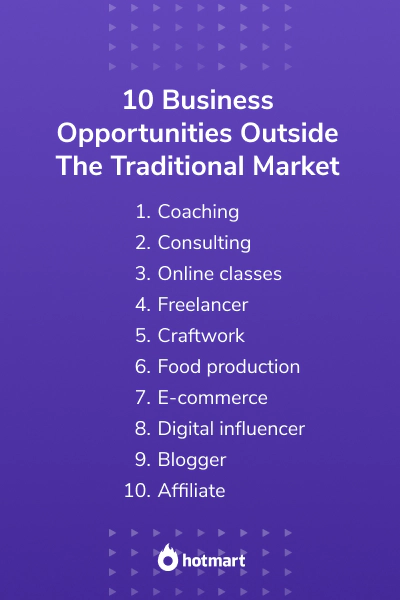 Text in image: 10 Business Opportunities Outside The Traditional Market Coaching Consulting Online classes Freelancer Craftwork Food production E-commerce Digital influencer Blogger Affiliate