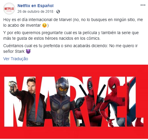 marketing empresarial - Ejemplo de publicación de Netflix en su fanpage de Facebook.