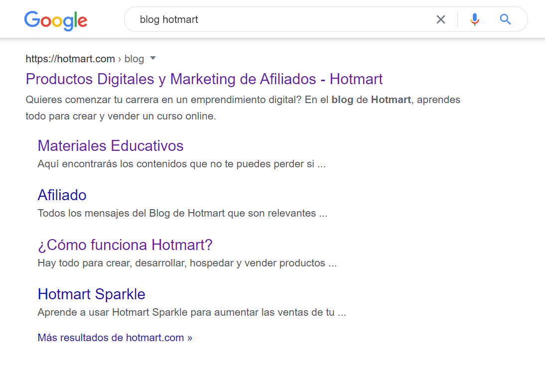 Imagen de un ejemplo del tipo de búsqueda navegacional por el término blog Hotmart.