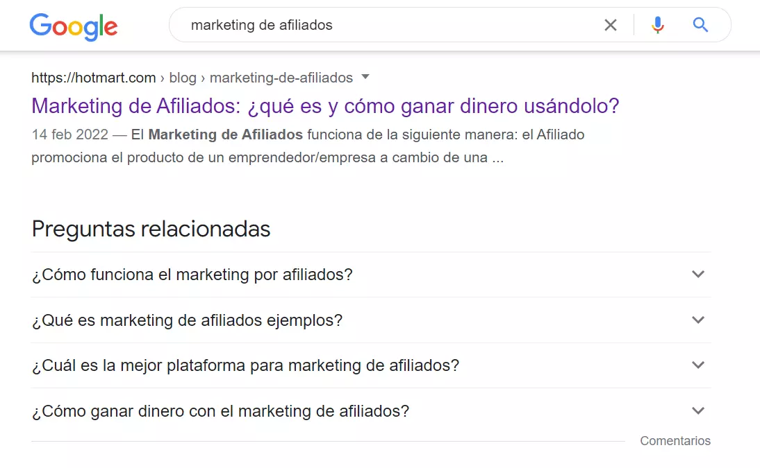 Imagen del ejemplo de una búsqueda informacional por la palabra clave marketing de afiliados.