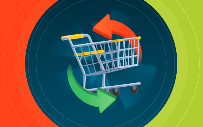 Ciclo de compras: Um carrinho de compras no centro com duas setas ao seu redor, dando a ideia de um ciclo.