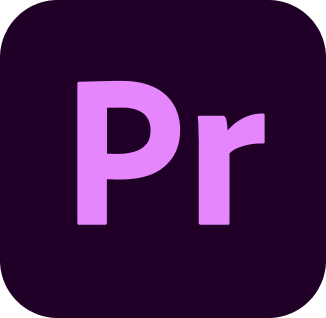 Logomarca do Premiere Pro, com as letras P e R em lilás sobre fundo preto. Adobe CC