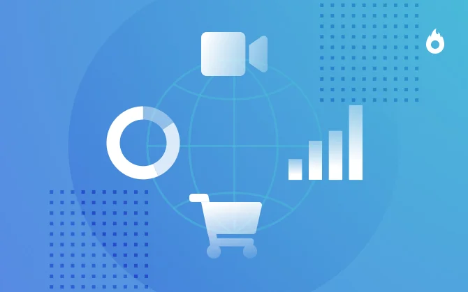 agência de marketing - imagem em azul com um globo de fundo e ícones representando uma câmera de vídeo, um gráfico de barras, um carrinho de compras e um gráfico pizza