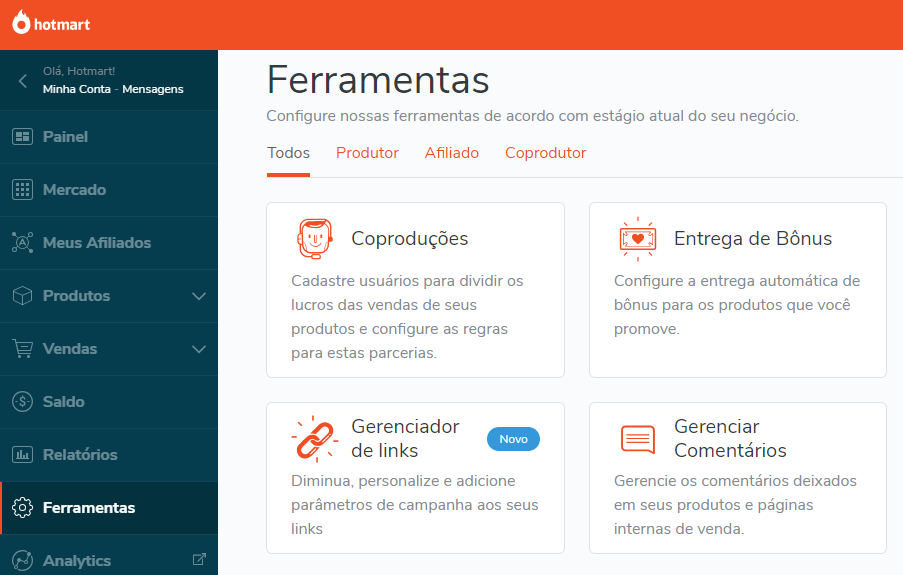 tela que mostra a aba Ferramentas na plataforma Hotmart