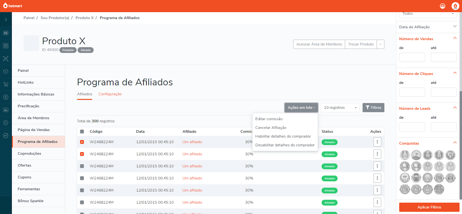 tela que mostra o Programa de Afiliados na plataforma Hotmart
