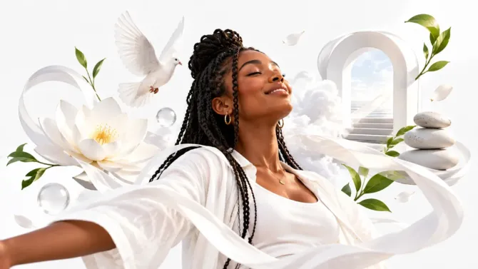 Mulher serena de braços abertos cercada por elementos brancos de paz e pureza, incluindo pomba, flor de lótus e pedras equilibradas — representando a psicologia da cor branca.
