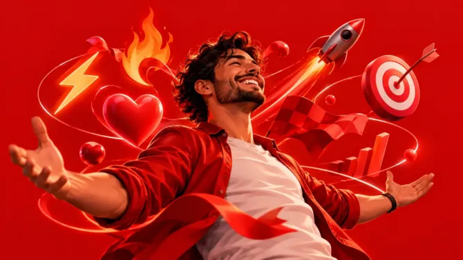 Homem sorridente de braços abertos cercado por ícones vermelhos de energia, paixão, conquista e crescimento, incluindo raio, coração, foguete e alvo — representando a psicologia da cor vermelha.