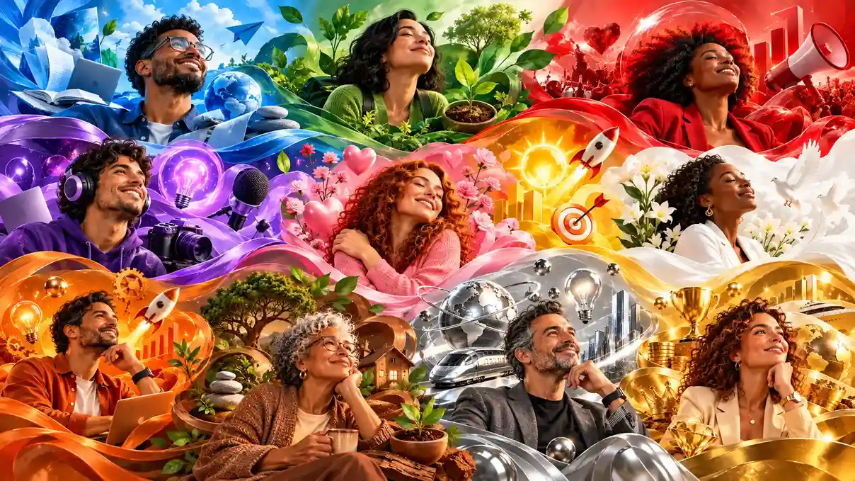 Collage con personas rodeadas de elementos de diferentes colores — azul, verde, rojo, morado, rosa, naranja, blanco, marrón, plateado y dorado — representando la psicología de los colores y sus significados.