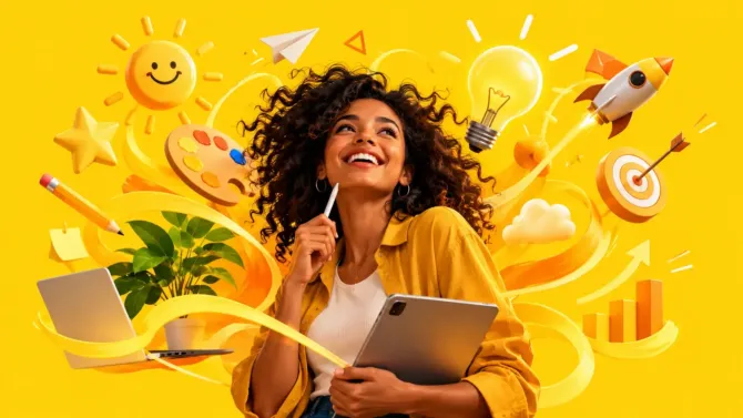 Mujer sonriente y pensativa rodeada de íconos amarillos de creatividad, optimismo e innovación, incluyendo bombilla, cohete, paleta de colores y gráfico de crecimiento — representando la psicología del color amarillo.