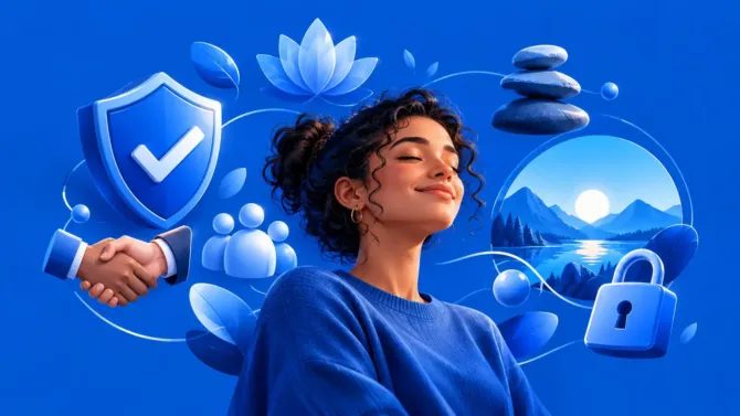 Mujer tranquila rodeada de íconos azules de confianza, seguridad, alianza y serenidad, incluyendo escudo, apretón de manos, candado y paisaje — representando la psicología del color azul.
