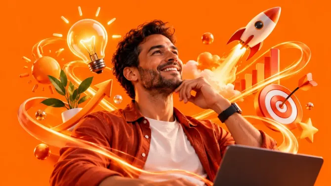 Hombre sonriente con laptop rodeado de elementos naranjas de energía, entusiasmo y motivación, incluyendo bombilla, cohete, gráfico de crecimiento y diana — representando la psicología del color naranja.