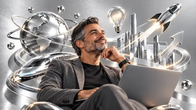 Hombre sonriente con laptop rodeado de elementos plateados de innovación y tecnología, incluyendo globo terráqueo, bombilla, tren futurista y cohete — representando la psicología del color plateado.