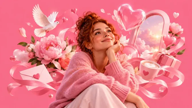 Mujer soñadora y sonriente rodeada de elementos rosados de romance y ternura, incluyendo paloma, corazones, flores, carta de amor y taza de café — representando la psicología del color rosa.
