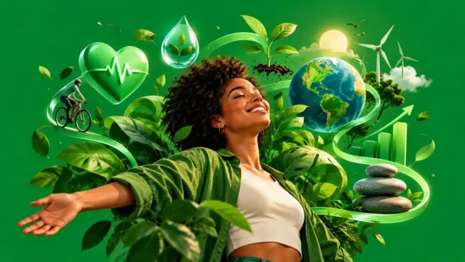 Mujer sonriente con los brazos abiertos rodeada de íconos verdes de salud, naturaleza y sostenibilidad, incluyendo corazón, globo terráqueo, ciclista y turbinas eólicas — representando la psicología del color verde.